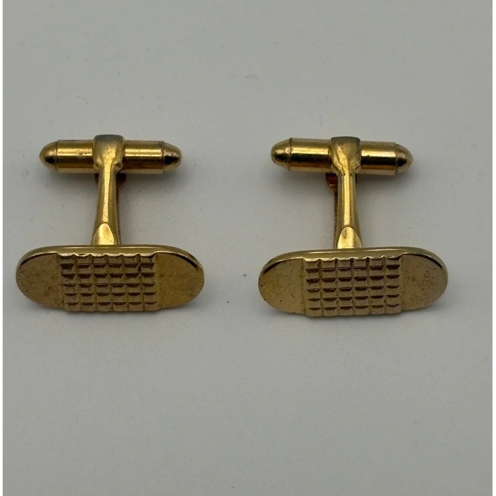 Cufflinks Mens OS Gold Grid Textured Oval Retro Accessory Timeless Vintage